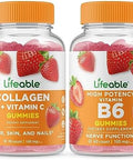 Lifeable Collagen & Vitamin C + Vitamin B6 Gummies Bundle Great Tasting Vitamin Supplement Gluten Gmo Chewable Gummy