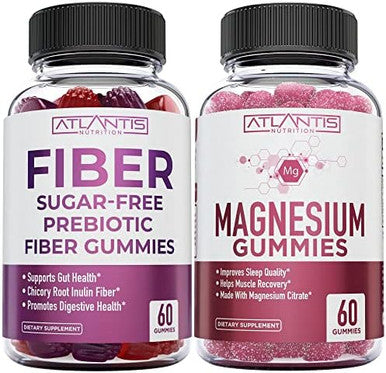 Atlantis Nutrition Sugar Prebiotic Fiber Gummies For Adults 2-Pack (120 Gummies) + Magnesium Gummies - 770 Mg Magnesium Citrate 60 Gummies