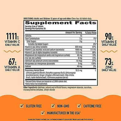 Airborne 1000Mg Chewable Tablets With Zinc, Immune Support Supplement With Powerful Antioxidants Vitamins A C & E - 96 Tablets, Citrus Flavor