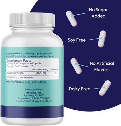 Bestvite Vegetarian Glucosamine 1000mg (120 Vegetarian Capsules) - No Stearates - No Fillers