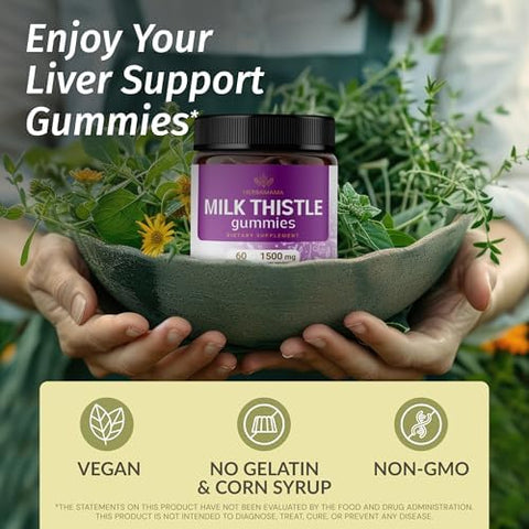 Herbamama Milk Thistle Supplement - 1500Mg Milk Thistle Seed Gummies For Liver Cleanse - Vegan Non-Gmo Liver Support With Silybum Marianum - 60 Pectin-Based Blueberry-Flavored Chews