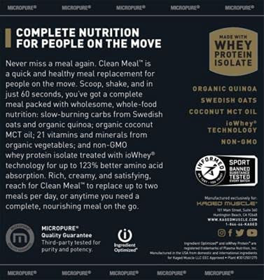 Kaged Muscle Clean Meal; Meal Replacement Shake with Whey Protein Isolate, Clean Carbs, MCT Oil Fats, Organic Vitamins and Minerals, Vanilla Cake, 20 servings