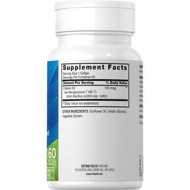 Rite Aid Vitamin K2 Softgels 100Mcg, 60 Ct, Supports Healthy Bones And Circulatory System