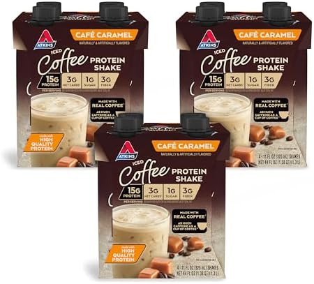 Atkins" Cafa Caramel Iced Coffee Protein Shake & Strawberry Protein Shake 15G Protein Low Glycemic 2G Net Carb 1G Sugar Keto Friendly 12 Count