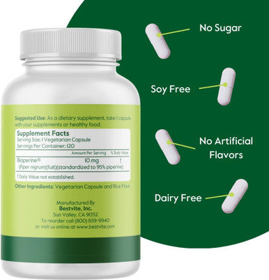 Bestvite Bioperine 10mg (120 Vegetarian Capsules) - No Stearates - Vegan - Non GMO - Gluten - Absorption Enhancer