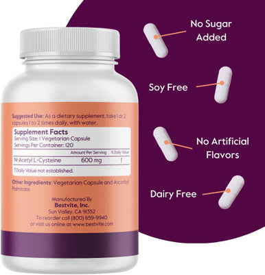 Bestvite N-Acetyl Cysteine 600mg (NAC) (120 Vegetarian Capsules) - No Stearates - Vegan - No Fillers - No Silica - No Gelatin - Gluten - Non GMO