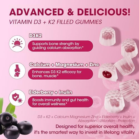 Vitamin D3 10000 IU + K2 (MK7) 200mcg w/Calcium Magnesium Zinc Elderberry and InulinHighly BioavailableEnhanced Absorption for Immune and Bone Support K2 D3 Vitamin SupplementVegan Gummies