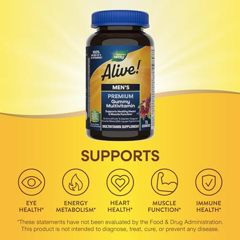 Nature'S Way Alive Men'S Premium Gummy Multivitamin Supplement Supports Healthy Heart Muscle Function Full B-Vitamin Complex Orange Grape Cherry Flavored 75 Gummies (Packaging May Vary)