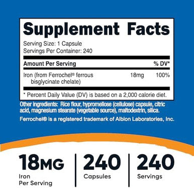 Nutricost Chelated Iron (From Ferrochel) 18Mg 240 Capsules Gluten Non Gmo Iron Chelate Supplement
