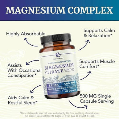 Magnesium Citrate Complex 500 MG Constipation Calm & Relaxation Support | High Absorption Magnesium Supplement Digestion Support Citrato de Magnesio Non-GMO & Soy-Free 120 Mag Citrate Capsules