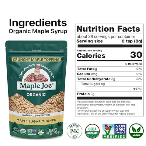 Maple Joe Organic Maple Sugar Sprinkles, Maple Flakes Made With Canadian 100% Pure Maple Syrup. Delicious With Coffee, Ice Cream, Yogurt & More Maple Sugar Granulated Chips Maple Chunks 7.8 oz