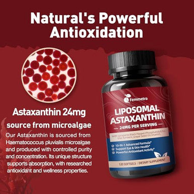 Femmetra Liposomal Astaxanthin Supplements 24Mg With Lycopene For Eye Skin & Immune Health 10-In-1 Max Strength Astaxanthin Antioxidant Supplement Fresh Microalgae Source Non-Gmo 120 Softgels