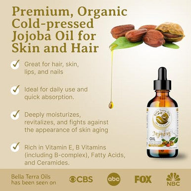 Bella Terra Oils - Organic Jojoba Oil 4Oz - Cold-Pressed Excellence Non-Comedogenic Bathed In Vitamin C & E For Those Seeking The Best Oils For Skin
