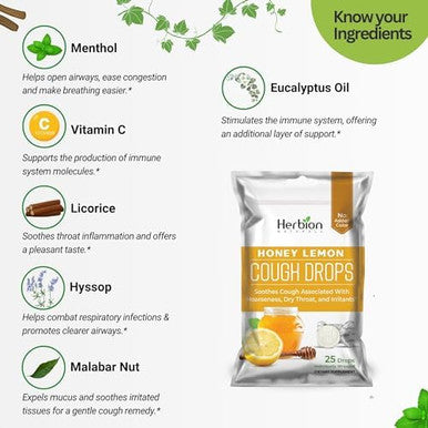 Herbion Naturals Cough Drops With Honey Lemon Flavor Dietary Supplement Soothes Cough For Adults And Children Over 6 Yearspack Of 5 (125 Lozenges)
