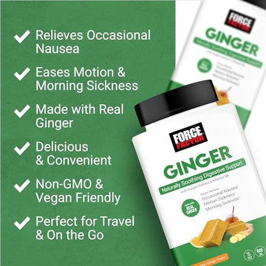 Force Factor Ginger Chews For Nausea Relief Motion Sickness And Morning Sickness Ginger Supplement With Vitamin B6 For Digestive Support Nongmo Honey Lemon Ginger Flavor 60 Soft Chews