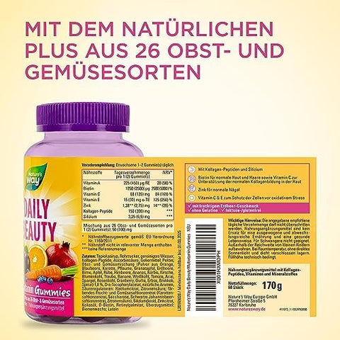 NatureS Way Alive Hair Skin and Nails Premium Gummies Beauty Formula With Collagen Biotin Vitamins C and E Strawberry Flavored 60 Gummies