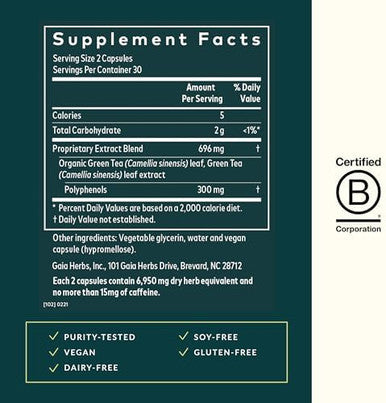 Gaia Herbs Green Tea Helps Maintain Healthy Weight And Energy Levels With Organic Green Tea Leaf And Extract 60 Vegan Liquid Phytocapsules (15Day Supply)