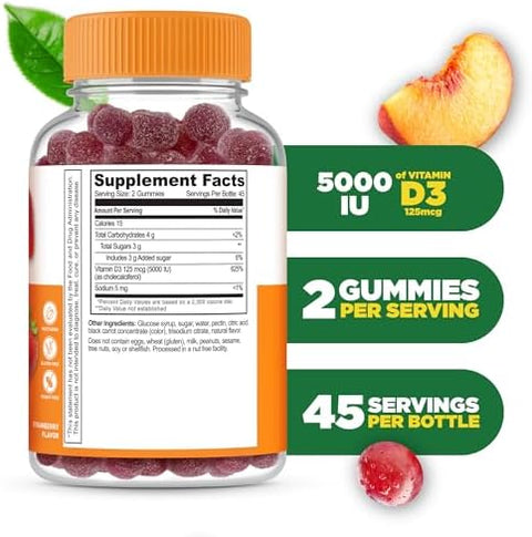 Vitamin D Gummies for Adults 5000 IU Great Tasting D3 Vitamin Immune Support and Healthy Bones Vitamin D Supplement for Men Women 90 Gummies Lifeable