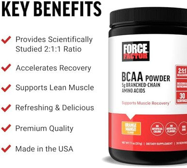 Force Factor Bcaa Amino Acids Supplement 2:1:1 Delicious And Refreshing Bcaa Powder To Support Muscle Recovery And Performance No Artificial Colors Or Flavors Cherry Limeade 30 Servings