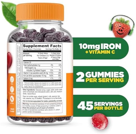Lifeable Iron Supplements For Kids 10Mg With Vitamin C Great Tasting Iron Gummies For Kids Vegan Non Gmo Kids Iron For Immune Health And Iron Deficiency 90 Gummies Lifeable