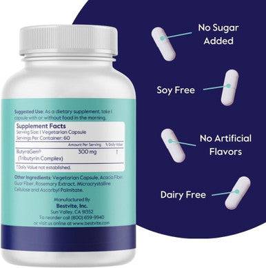 Bestvite ButyraBoost 300mg Tributyrin Complex (60 Vegetarian Capsules) - No Stearates - Vegan - Non GMO - Gluten - Butyrate Gut Health Supplement