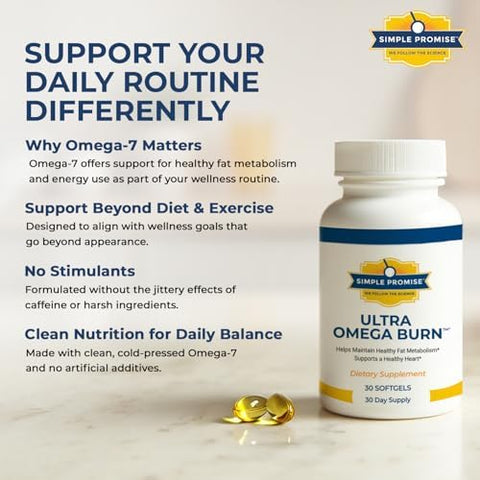 Simple Promise Ultra Omega Burn - Omega-7 Supplement With Pure Palmitoleic Acid - Fish Oil For Metabolism Weight Support & Cardiovascular Health - Healthy Heart Support For Men & Women 30 Softgels