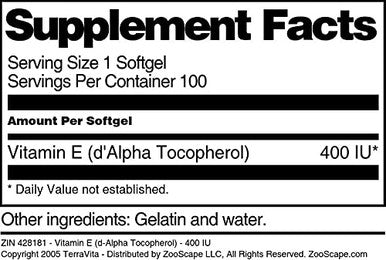 Terravita Vitamin E (D-Alpha Tocopherol) - 400 Iu (100 Softgels, Zin: 428181)
