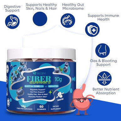 Migcopat 10G Fiber Gummies With Biotin Collagen Peptides Keratin Vitamin C E - Fiber Supplements With 30 Billion Cfu Probiotics Inulin Acv For Digestive Health & Skin Hair & Nails 60 Cts