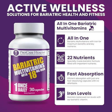 Procare Health Bariatric Multivitamin With Iron 18Mg (30 Easy To Swallow Capsules) - Post Op Bariatric Vitamins For Gastric Bypass Pills - Bariatric Must Haves For Sleeve Patients (1 Month Supply)