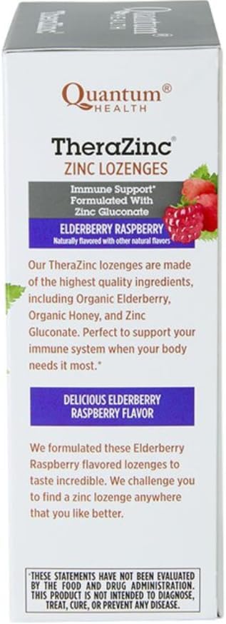 Quantum Health TheraZinc USDA Organic Zinc Lozenges Eldertry Raspberry Immune Support Formulated with Zinc Gluconate Fast Relief No Aftertaste 25 Count Pack of 1