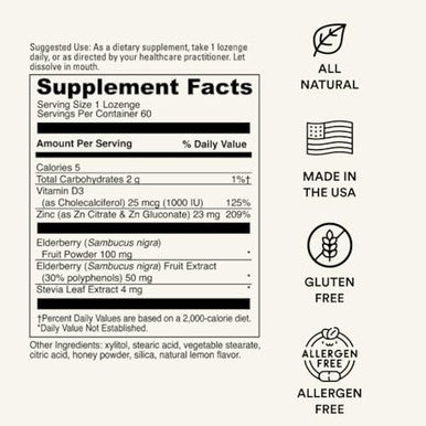 Immunity Lozenge W/Elderberry, Zinc & D3 Immune Support Supplement For Men, Women & Kids Non-Gmo, Gluten & Caffeine 60 Lozenges