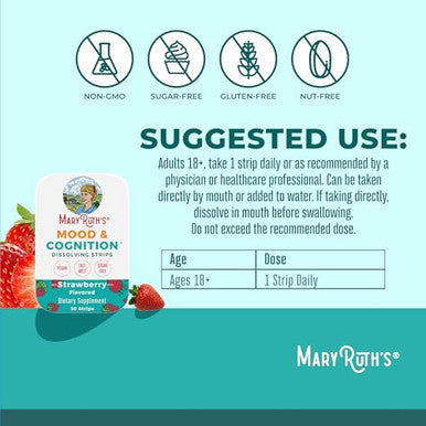 Maryruth'S Mood & Cognition Dissolving Strips By Maryruth'S Vitamin B12 Vitamin B6 Saffron Folate B Vitamins Sugar Free Strawberry Flavor Vegan Gluten Free Dairy Free 30 Count