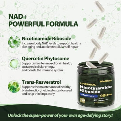 Windboss.Nad Supplement, Liposomal Nad Nicotinamide Riboside Resveratrol 900Mg Resveratrol, Quercetin, Nad Resveratrol Supplement For Anti-Aging, Energy, Focus - 100 Capsules