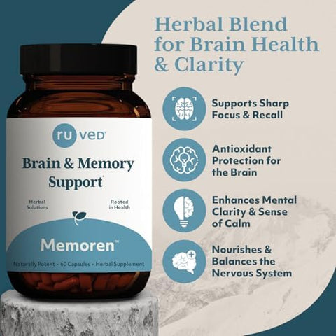 R-U Ved Memoren - Bacopa Supplements Organic Bacopa Monnieri Gotu Kola Gingko & Ashwagandha For Memory & Focus Cognitive Support Pill For Adults - 60 Vegetarian Capsules (1 Count)