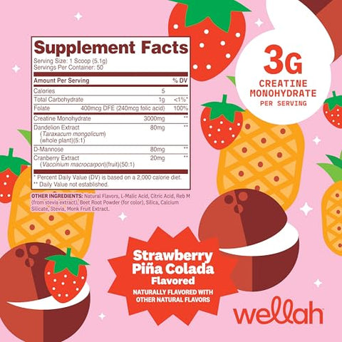 Wellah Creatine For Women (50 Servings Strawberry Pina Colada) - Creatine Monohydrate With Dandelion & Cranberry Extract