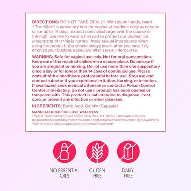 Love Wellness 600mg Boric Acid Vaginal Suppositories For internal use Fragrance free paraben free Individually wrapped for freshness Capsule shaped design Women s wellness