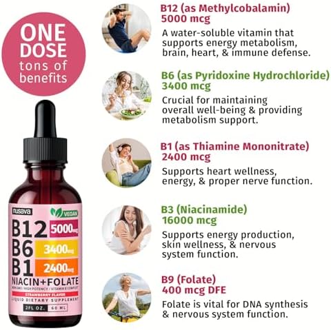 NUSAVA (4 Pack) Vitamin B12 Liquid Drops with B6 B12 Sublingual Vitamin B Complex Methylcobalamin 5000 mcg for Energy and Brain Support Strawberry 160 Servings