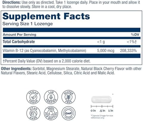 Solaray Vitamin B12 5000mcg Lozenges B12 Vitamins 5000 mcg Methylcobalamin Lozenges for Women and Men Methylated B Vitamins for Energy Support and Nerve Health Natural Cherry Flavor 30 Count