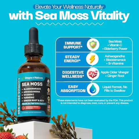 Drops Of Nature Ashwagandha & Turmeric Liquid Drops - Vitamin C Sea Moss Apple Cider Vinegar Bladderwrack - Vegan Liquid Drops For Comprehensive Wellness Support & Vital Immunity (Strawberry Ginger Lemonade 60Ml)