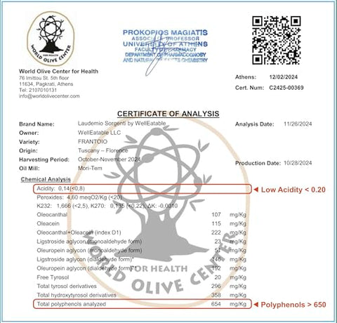 Laudemio Sorgenti, +650 mg/kg Tuscany Polyphenols Rich Extra Virgin Olive Oil, Fresh 2024-2025 Early Harvest, 2025 NYIOOC Gold Award, Frantoio Monovarietal, Lab Tested, No Pesticides, 16.9 fl oz