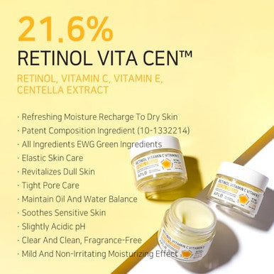 Aplb Retinol Vitamin C Vitamin E Facial Cream | Retinol Vita Cen 21.6% 1.86 Fl.Oz/Korean Skincare Deep Hydration Retinol Revitalize For Gentle And Improve Skin Texture