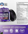Nad+, Resveratrol, Berberine, & Biotin Anti-Aging Gummy - Hair, Skin, Nails & Joint Supplement - Collagen Peptides, Keratin, Zinc, Vitamin K2 & D3 Gummies - Regeneration - Vegan - Made In Usa 60 Count