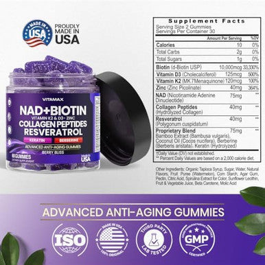 Nad+, Resveratrol, Berberine, & Biotin Anti-Aging Gummy - Hair, Skin, Nails & Joint Supplement - Collagen Peptides, Keratin, Zinc, Vitamin K2 & D3 Gummies - Regeneration - Vegan - Made In Usa 60 Count