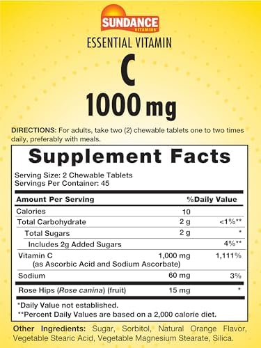 Sundance Chewable Vitamin C 1000mg 90 Tablets Natural Orange Flavor Vegetarian NonGMO and Gluten Free Supplement