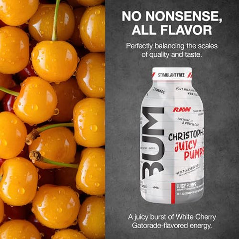 Raw Ready To Drink Pre-Workout Drink Juicy Pumps (White Cherry) - Bum Pump Rtd Zero-Sugar Energy Supplement Drink - Caffeine-Free & Sugar-Free Energy Drinks With L-Citrulline 12 Fl Oz