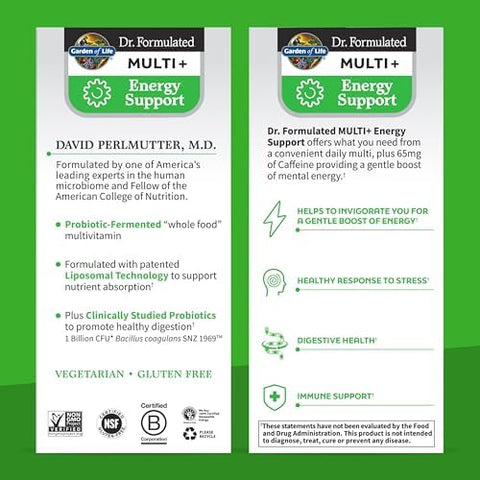 Garden Of Life Dr. Formulated Multi+ Energy Support Capsule With Green Coffee Bean Rhodiola and Probiotics Energy And Immune Support NonGmo GlutenFree 30 Capsules