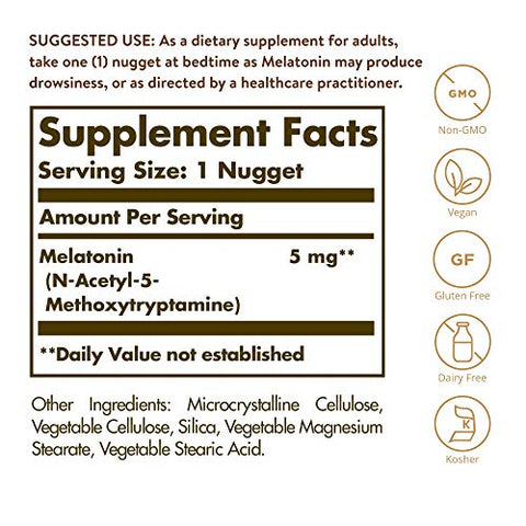 Solgar Melatonin 5 Mg 120 Nuggets - Helps Promote Relaxation & Rest - Clinically Studied Melatonin - Vegan Gluten Free Dairy Free Kosher 120 Servings