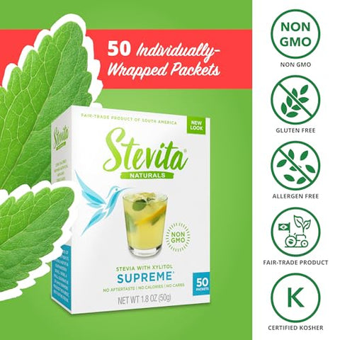 Stevita Stevia with Xylitol Supreme 50 Packets AllNatural Sweetener No Calories NonGMO Vegan Kosher Keto Paleo Gluten ErythitolFree 50 Servings