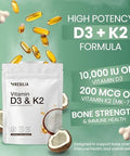 Resilia D3 K2 Vitamin 10000 IU + MK7 200 mcg High Potency Softgels with Coconut Oil for Maximum Absorption Supports Bone Strength Heart Health and Immune System (30 Count)