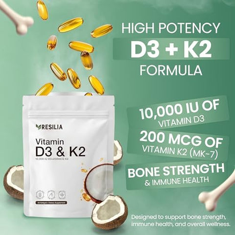 Resilia D3 K2 Vitamin 10000 IU + MK7 200 mcg High Potency Softgels with Coconut Oil for Maximum Absorption Supports Bone Strength Heart Health and Immune System (30 Count)